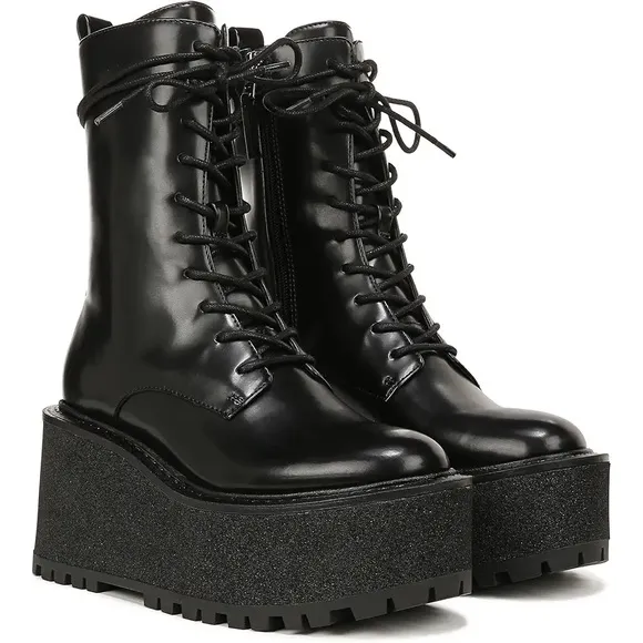 Circus NY by Sam Edelman Black Slater Lace Up Wedge Heel Boots