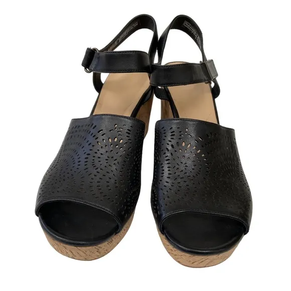 CLARKS Maritsa Nila Black Platform Sandals Cork Heel Leather Size US 11M