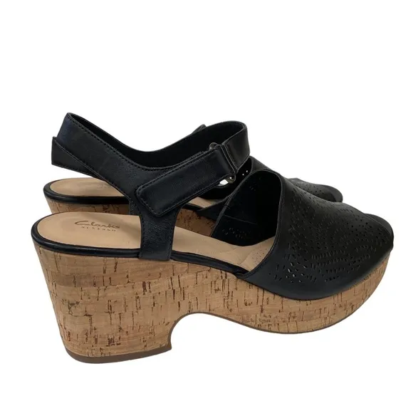 CLARKS Maritsa Nila Black Platform Sandals Cork Heel Leather Size US 11M