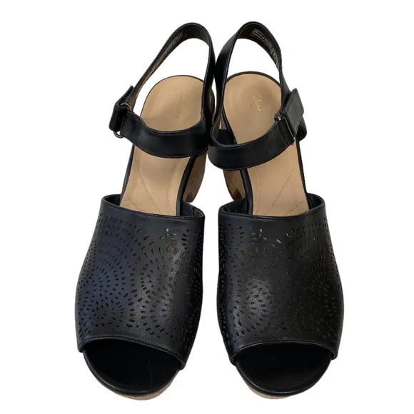 CLARKS Maritsa Nila Black Platform Sandals Cork Heel Leather Size US 11M