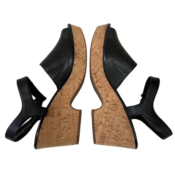 CLARKS Maritsa Nila Black Platform Sandals Cork Heel Leather Size US 11M