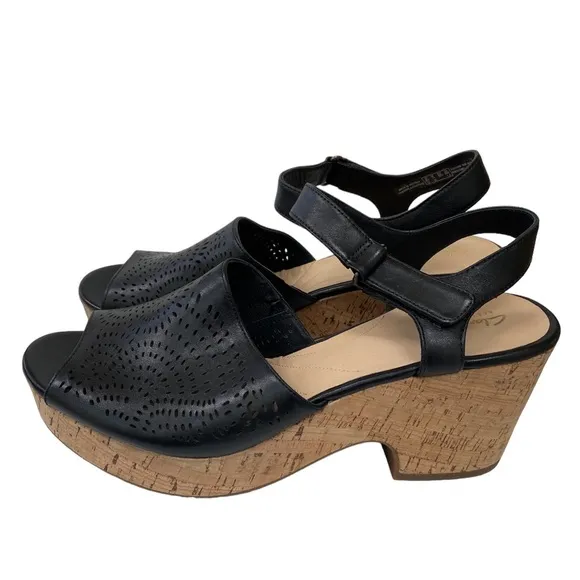 CLARKS Maritsa Nila Black Platform Sandals Cork Heel Leather Size US 11M