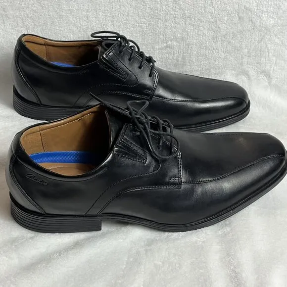 Clarks Men's New Tilden Cap Oxford Shoes Black Leather Size 12 Dress Shoe NWOB