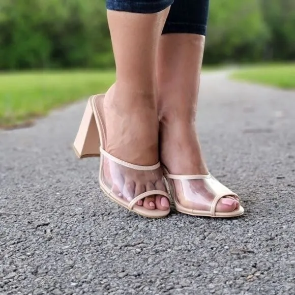 Clear Chunky Block Mid Heel Mule Sandals Nude Color