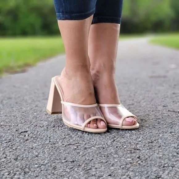 Clear Chunky Block Mid Heel Mule Sandals Nude Color