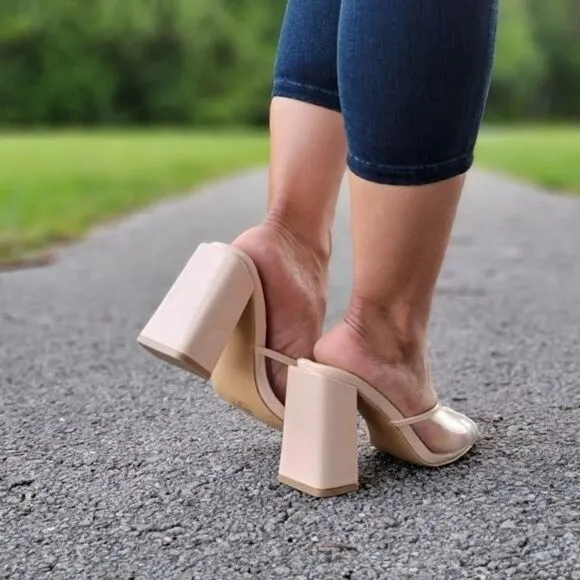 Clear Chunky Block Mid Heel Mule Sandals Nude Color