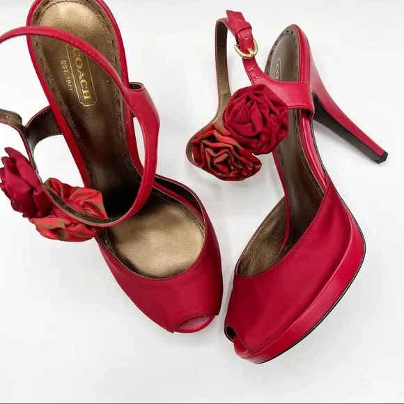 COACH ADDYSEN HEEL in Red Satin &amp; Leather, Size 9.5 B
