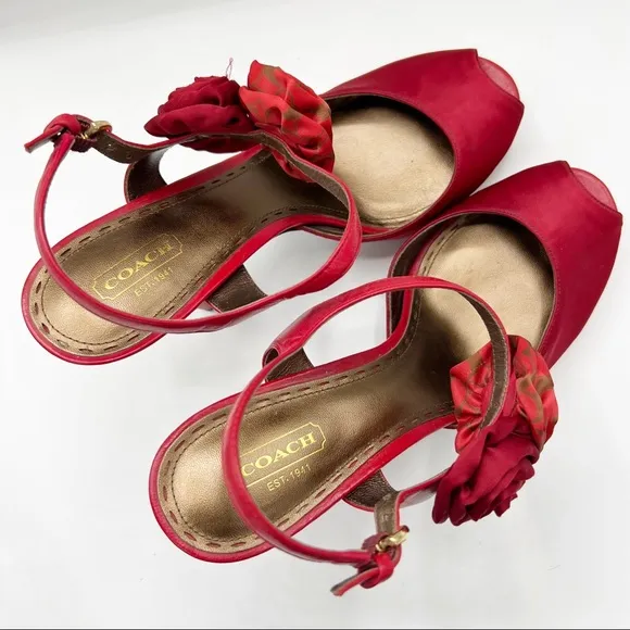 COACH ADDYSEN HEEL in Red Satin &amp; Leather, Size 9.5 B