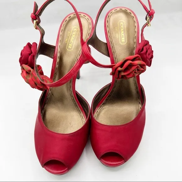COACH ADDYSEN HEEL in Red Satin &amp; Leather, Size 9.5 B