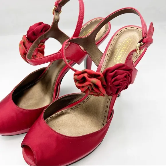 COACH ADDYSEN HEEL in Red Satin &amp; Leather, Size 9.5 B