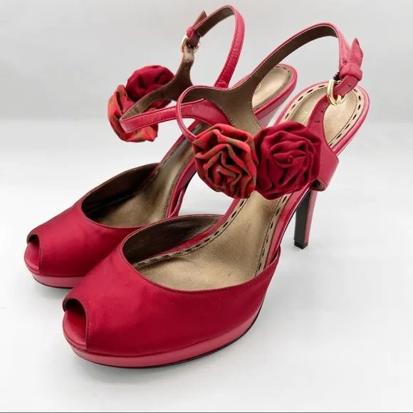 COACH ADDYSEN HEEL in Red Satin &amp; Leather, Size 9.5 B