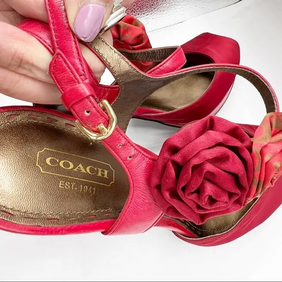 COACH ADDYSEN HEEL in Red Satin &amp; Leather, Size 9.5 B