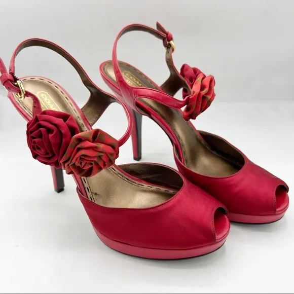 COACH ADDYSEN HEEL in Red Satin &amp; Leather, Size 9.5 B