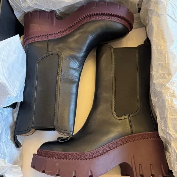 COACH Alexa Lug Sole Size 6.5 B Chelsea Boots Black Deep Berry Platform w/Box