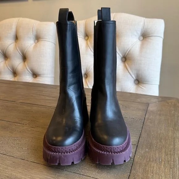 COACH Alexa Lug Sole Size 6.5 B Chelsea Boots Black Deep Berry Platform w/Box