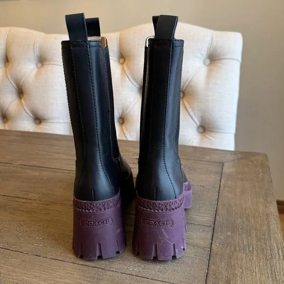 COACH Alexa Lug Sole Size 6.5 B Chelsea Boots Black Deep Berry Platform w/Box