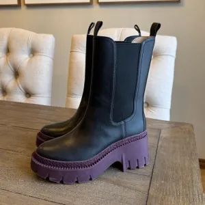 COACH Alexa Lug Sole Size 6.5 B Chelsea Boots Black Deep Berry Platform w/Box