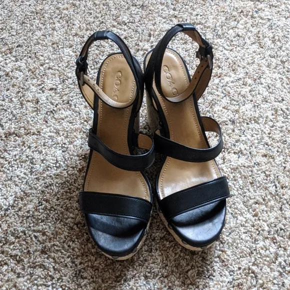 {Coach} Darcy Black Leather Wedge Sandals