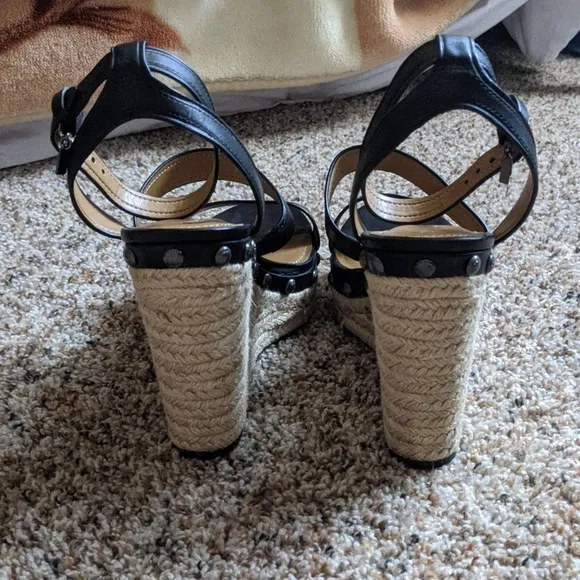{Coach} Darcy Black Leather Wedge Sandals