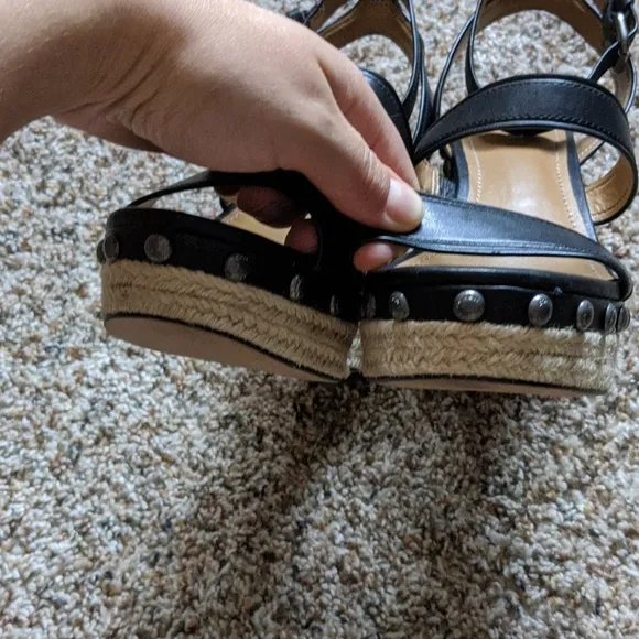 {Coach} Darcy Black Leather Wedge Sandals