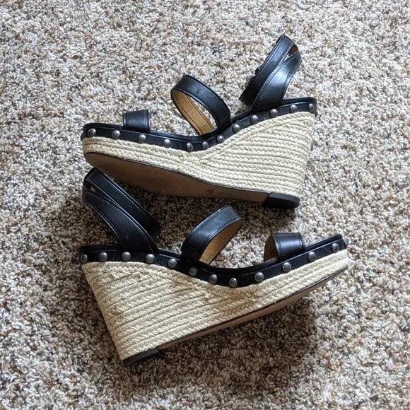 {Coach} Darcy Black Leather Wedge Sandals