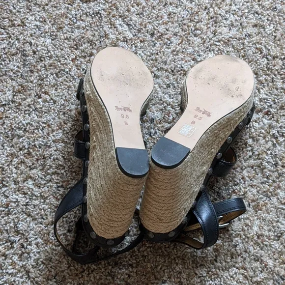 {Coach} Darcy Black Leather Wedge Sandals