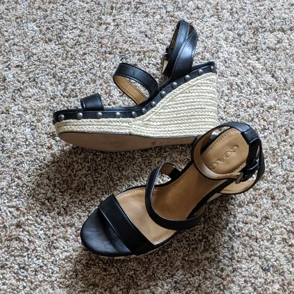 {Coach} Darcy Black Leather Wedge Sandals