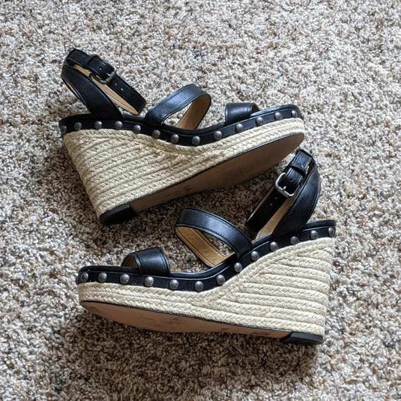 {Coach} Darcy Black Leather Wedge Sandals