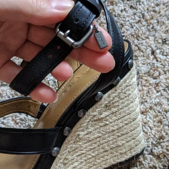{Coach} Darcy Black Leather Wedge Sandals