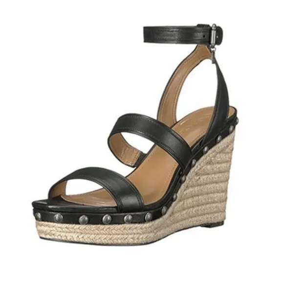 {Coach} Darcy Black Leather Wedge Sandals