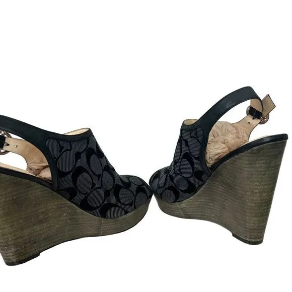 Coach Jackie Wedge Peep Toe Platforms Signature C Fabric Graphite &amp; Black 8.5 B