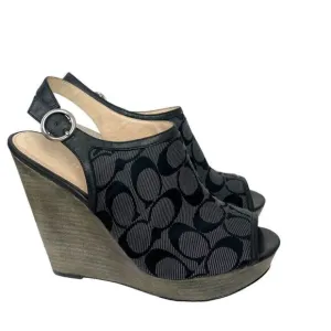 Coach Jackie Wedge Peep Toe Platforms Signature C Fabric Graphite &amp; Black 8.5 B