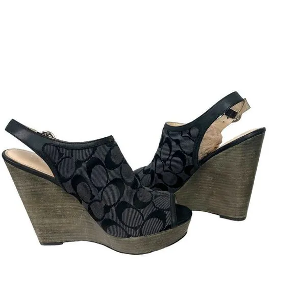 Coach Jackie Wedge Peep Toe Platforms Signature C Fabric Graphite &amp; Black 8.5 B