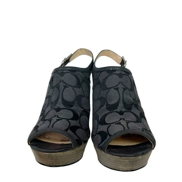 Coach Jackie Wedge Peep Toe Platforms Signature C Fabric Graphite &amp; Black 8.5 B