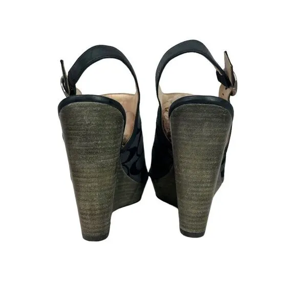 Coach Jackie Wedge Peep Toe Platforms Signature C Fabric Graphite &amp; Black 8.5 B