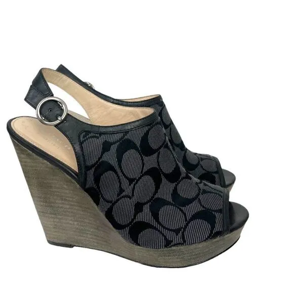 Coach Jackie Wedge Peep Toe Platforms Signature C Fabric Graphite &amp; Black 8.5 B