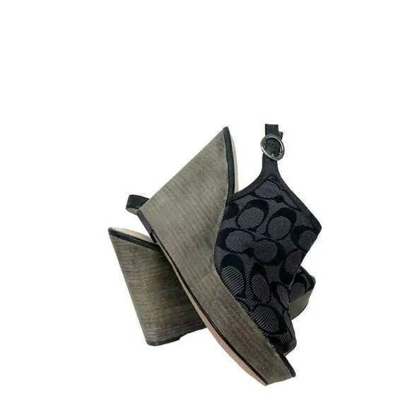 Coach Jackie Wedge Peep Toe Platforms Signature C Fabric Graphite &amp; Black 8.5 B