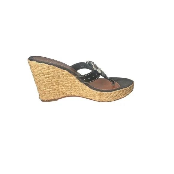 Coach Jesica Espadrille Wedge Leather Black White 3D Flower Womens 7.5 M Sandals
