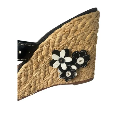 Coach Jesica Espadrille Wedge Leather Black White 3D Flower Womens 7.5 M Sandals