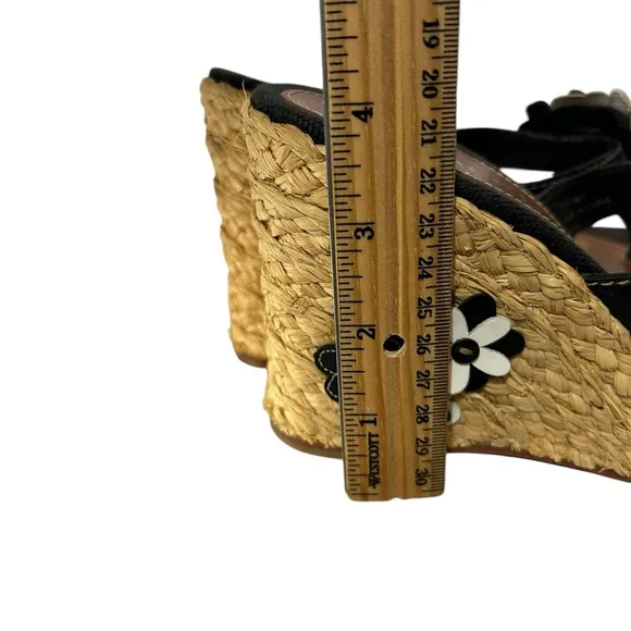 Coach Jesica Espadrille Wedge Leather Black White 3D Flower Womens 7.5 M Sandals