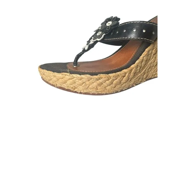 Coach Jesica Espadrille Wedge Leather Black White 3D Flower Womens 7.5 M Sandals