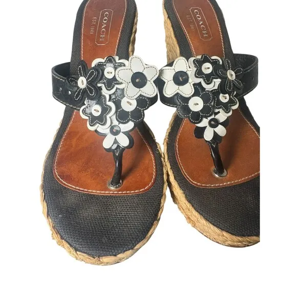 Coach Jesica Espadrille Wedge Leather Black White 3D Flower Womens 7.5 M Sandals