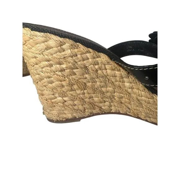 Coach Jesica Espadrille Wedge Leather Black White 3D Flower Womens 7.5 M Sandals