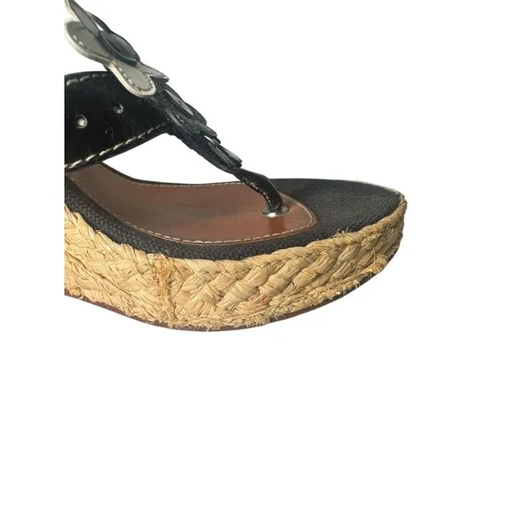 Coach Jesica Espadrille Wedge Leather Black White 3D Flower Womens 7.5 M Sandals