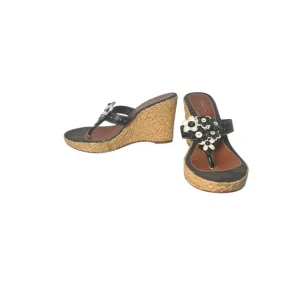 Coach Jesica Espadrille Wedge Leather Black White 3D Flower Womens 7.5 M Sandals
