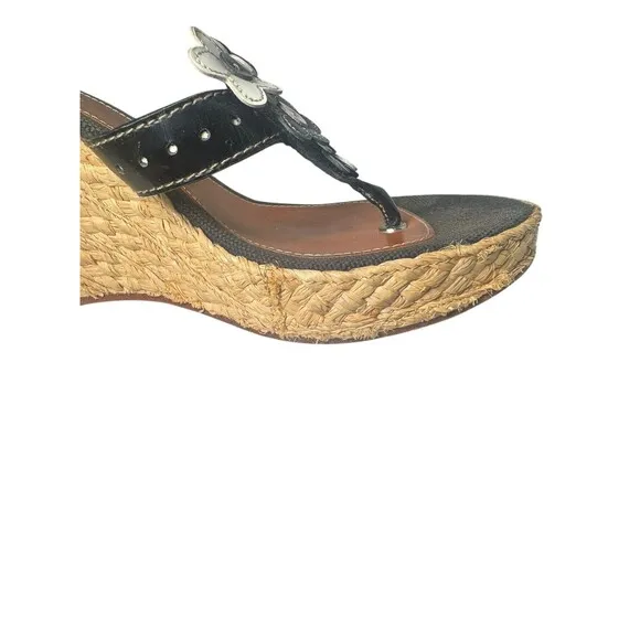 Coach Jesica Espadrille Wedge Leather Black White 3D Flower Womens 7.5 M Sandals