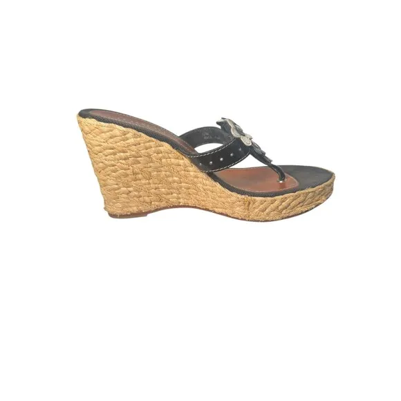 Coach Jesica Espadrille Wedge Leather Black White 3D Flower Womens 7.5 M Sandals