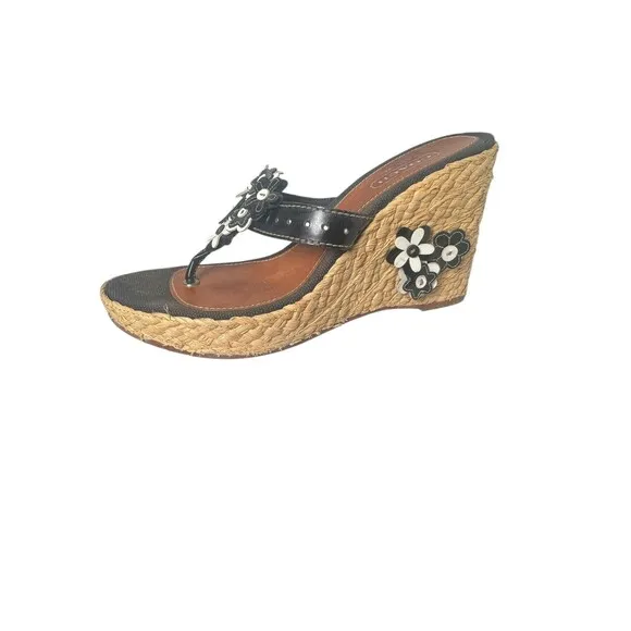 Coach Jesica Espadrille Wedge Leather Black White 3D Flower Womens 7.5 M Sandals