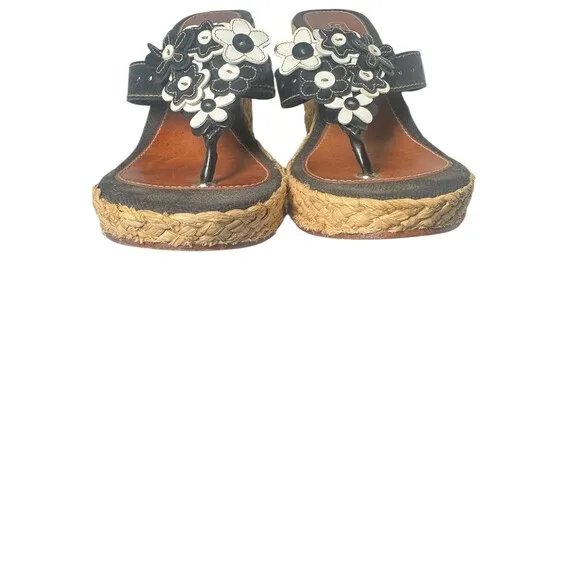 Coach Jesica Espadrille Wedge Leather Black White 3D Flower Womens 7.5 M Sandals