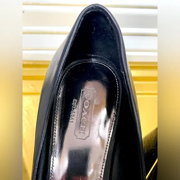 COACH Kellen 'C' Black Leather Embossed Signature Wedge Peep-Toe Pump - 8B